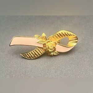Vintage Avon Gold Tone Pink Enamel Ribbon Breast Cancer Awareness Brooch Pin 2"